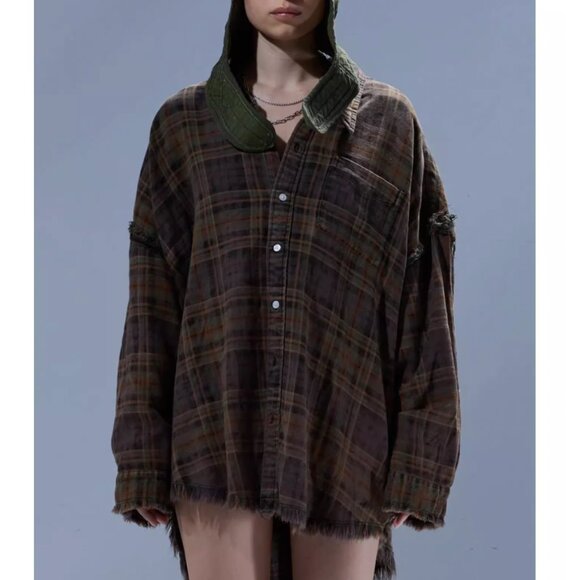NWT R13 Shredded Seam Drop Neck Shirt Teal Navy Yellow Plaid Brown - Picture 4 of 13